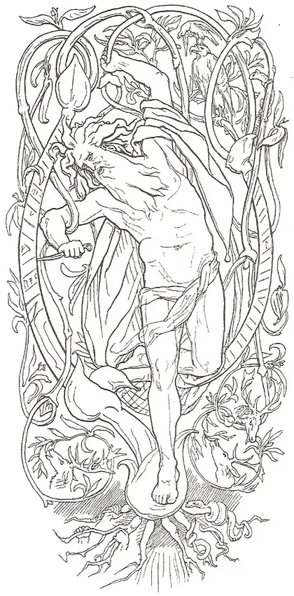โอดินแขวนตนเองบนต้นไม้ Yggdrasil ภาพประกอบจากหนังสือ Den ældre Eddas Gudesange โดย Karl Gjellerup (ค.ศ. 1895)