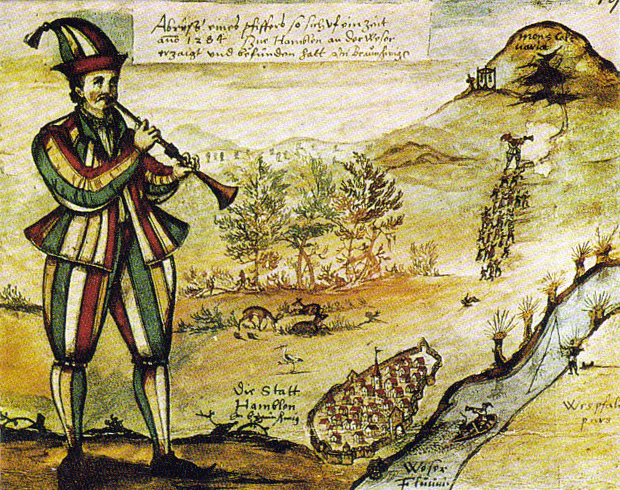 ภาพวาด Pied Piper บนกระจกที่ Marktkirche in Hamelin