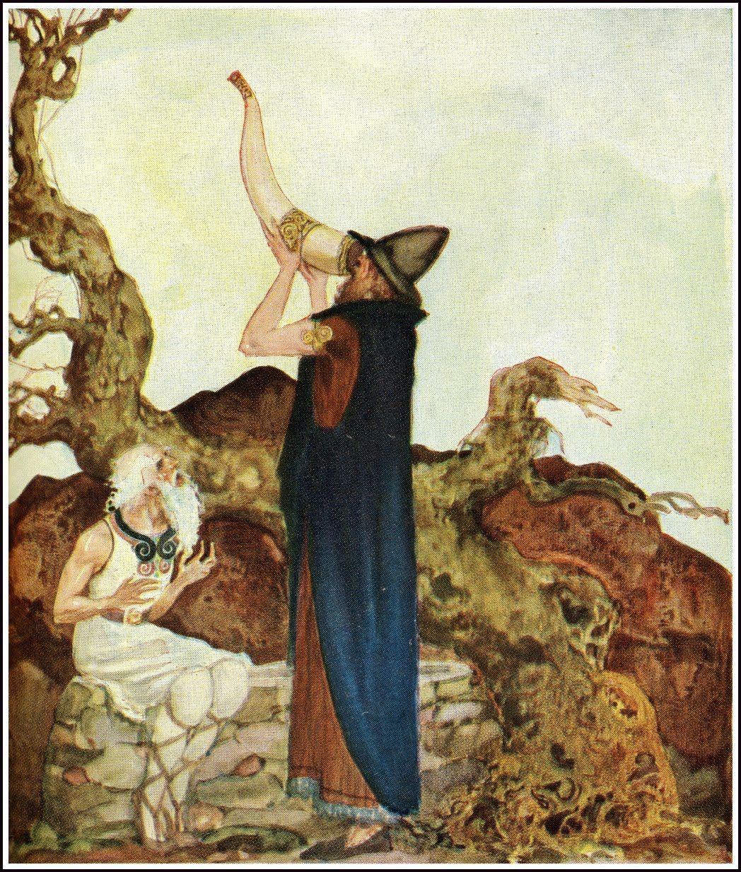 โอดื่มน้ำพุแห่งปัญญาในบ่อน้ำของมิมีร์ ซึ่งตั้งอยู่ใต้รากต้น Yggdrasil