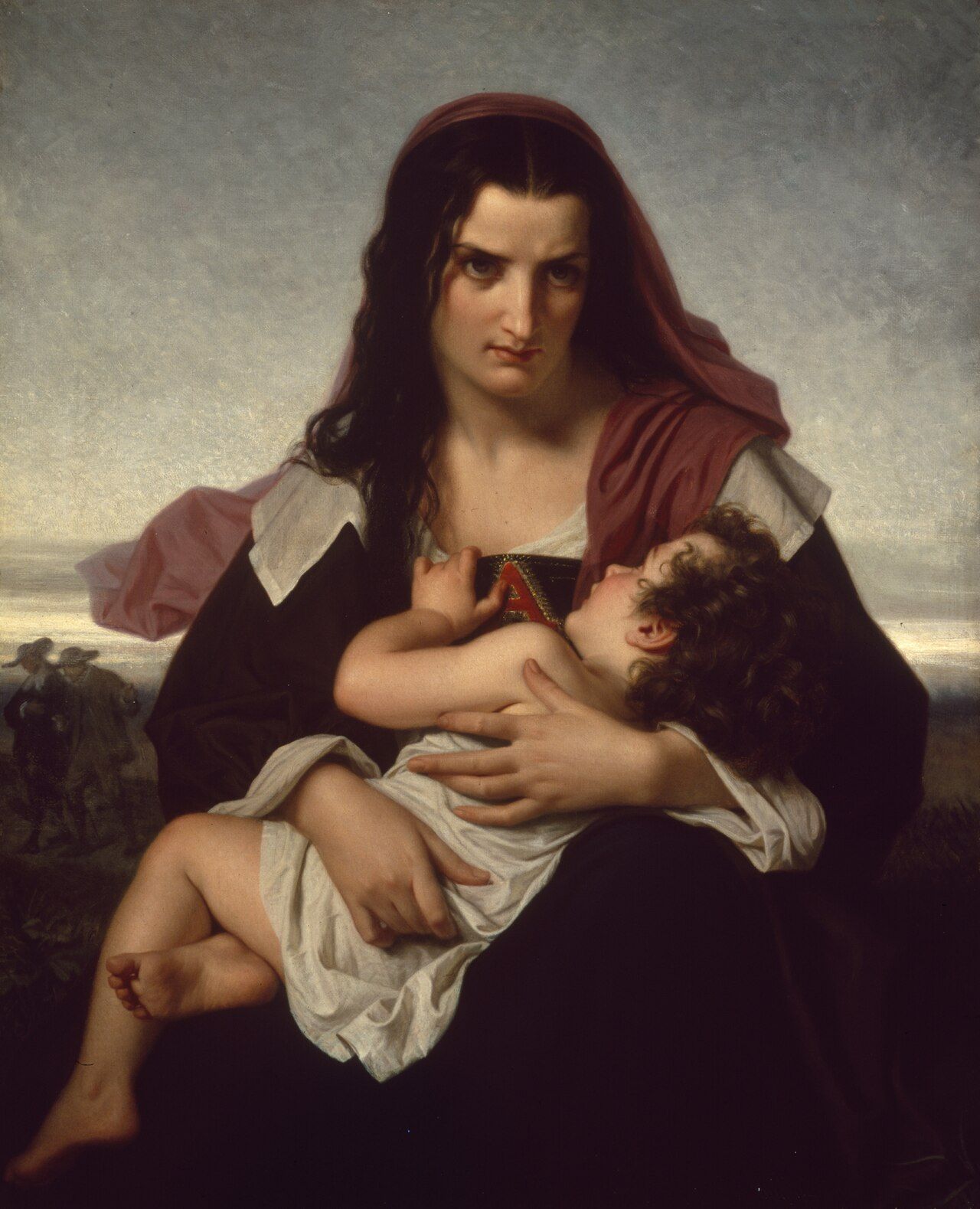 ภาพวาดสีน้ำมันบนผ้าใบ The Scarlet Letter (ค.ศ. 1861) โดย Hugues Merle (ค.ศ. 1823–1881) ศิลปินชาวฝรั่งเศส