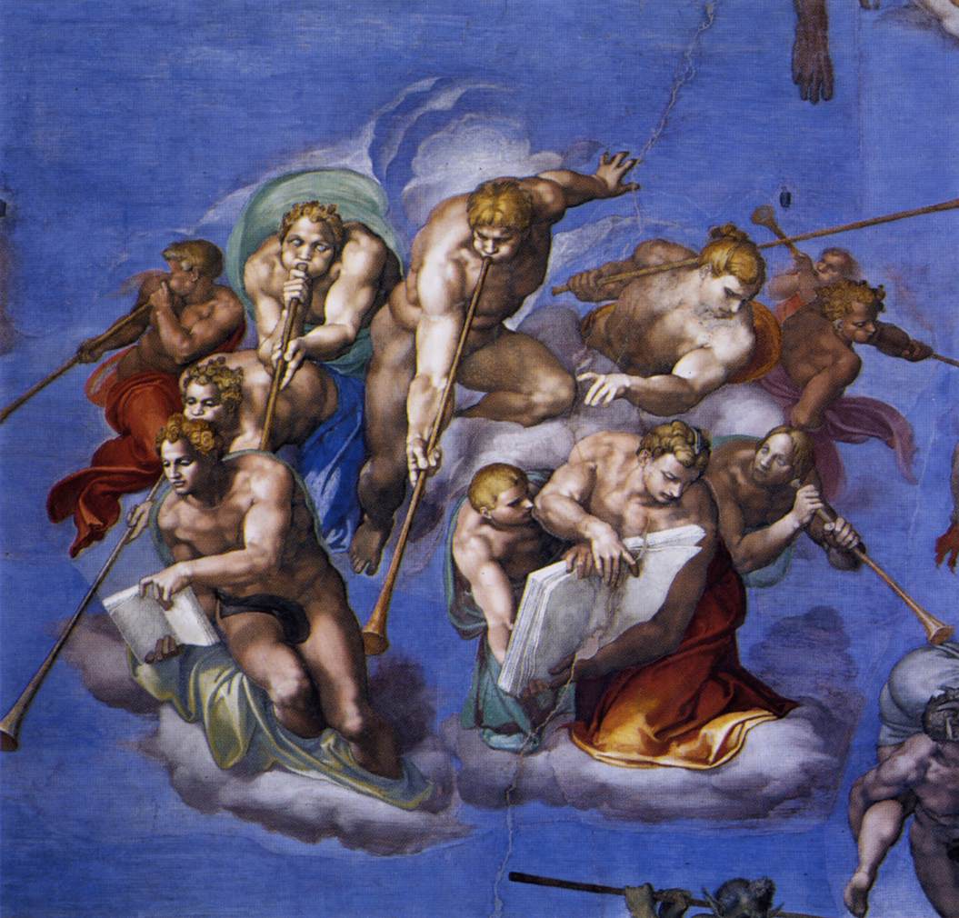 ภาพฑุตสวรรค์เป่าแตรในวันพิพากษา ส่วนหนึ่งของจิตรกรรม The Last Judgment โดย Michelangelo: 