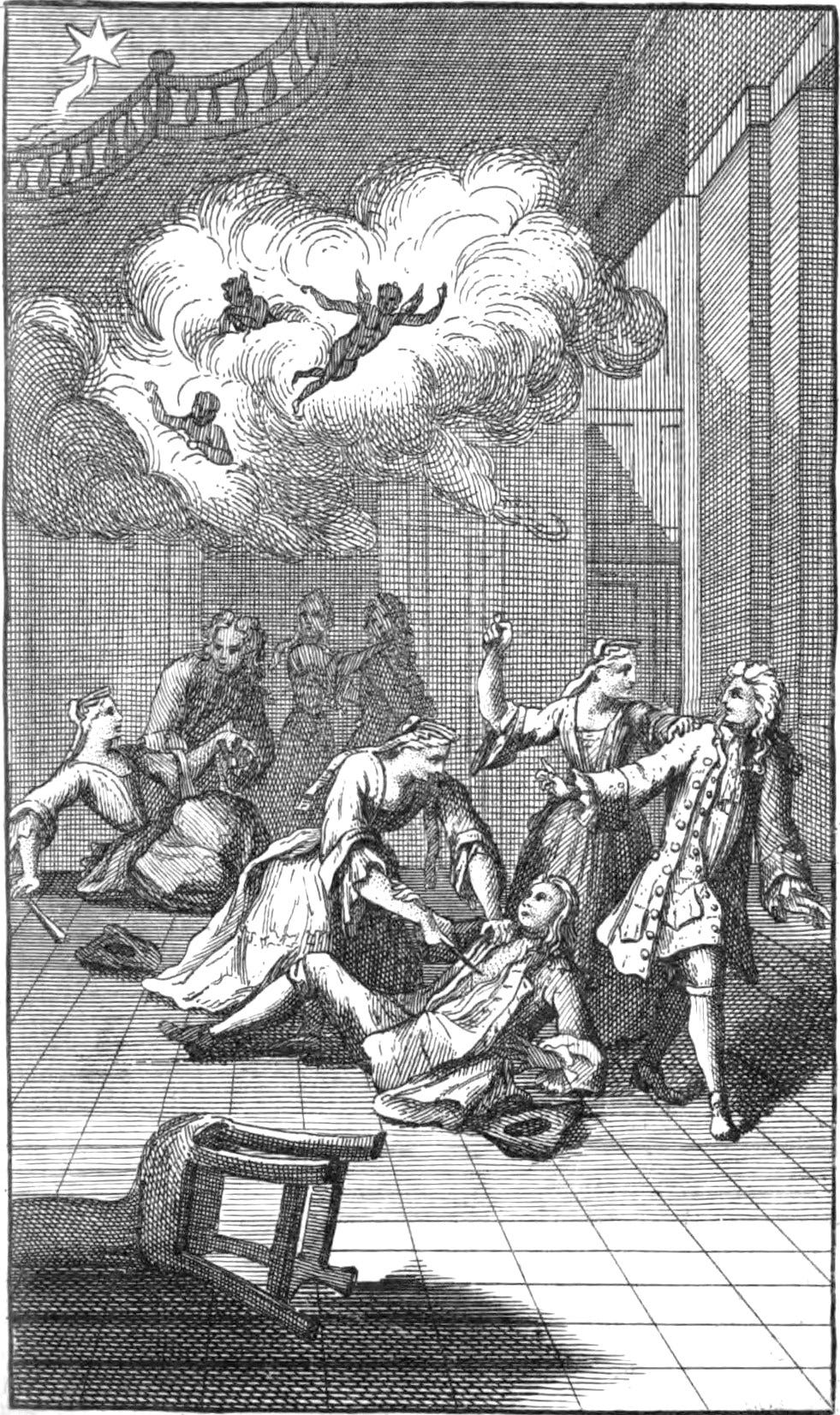 ภาพประกอบ The Rape of the Lock โดย อเล็กซานเดอร์ โป๊ป มหากาพย์ล้อเลียนที่นำเหตุการณ์เล็ก ๆ ในชีวิตชนชั้นสูงมาขยายให้มีความยิ่งใหญ่ราวกับมหากาพย์คลาสสิก

ภาพประกอบด้วยเหล่า putti หรือเทวดาตัวน้อย สัญลักษณ์แห่งท้องฟ้า และฉากโต๊ะเครื่องแป้ง สะท้อนโลกของ Sylphs และ Gnomes วิญญาณเหนือธรรมชาติในเรื่องที่คอยดูแลความงาม เครื่องประดับ ความรัก และชื่อเสียงของตัวละคร

การนำองค์ประกอบเหนือธรรมชาติมาผสมกับโลกของการแต่งตัวและความงาม เป็นส่วนหนึ่งของมุกเสียดสีของโป๊ปที่จงใจเปรียบเรื่องเล็กน้อยอย่าง การถูกตัดปอยผม ให้มีความสำคัญยิ่งใหญ่ราวกับสงครามในมหากาพย์โบราณ