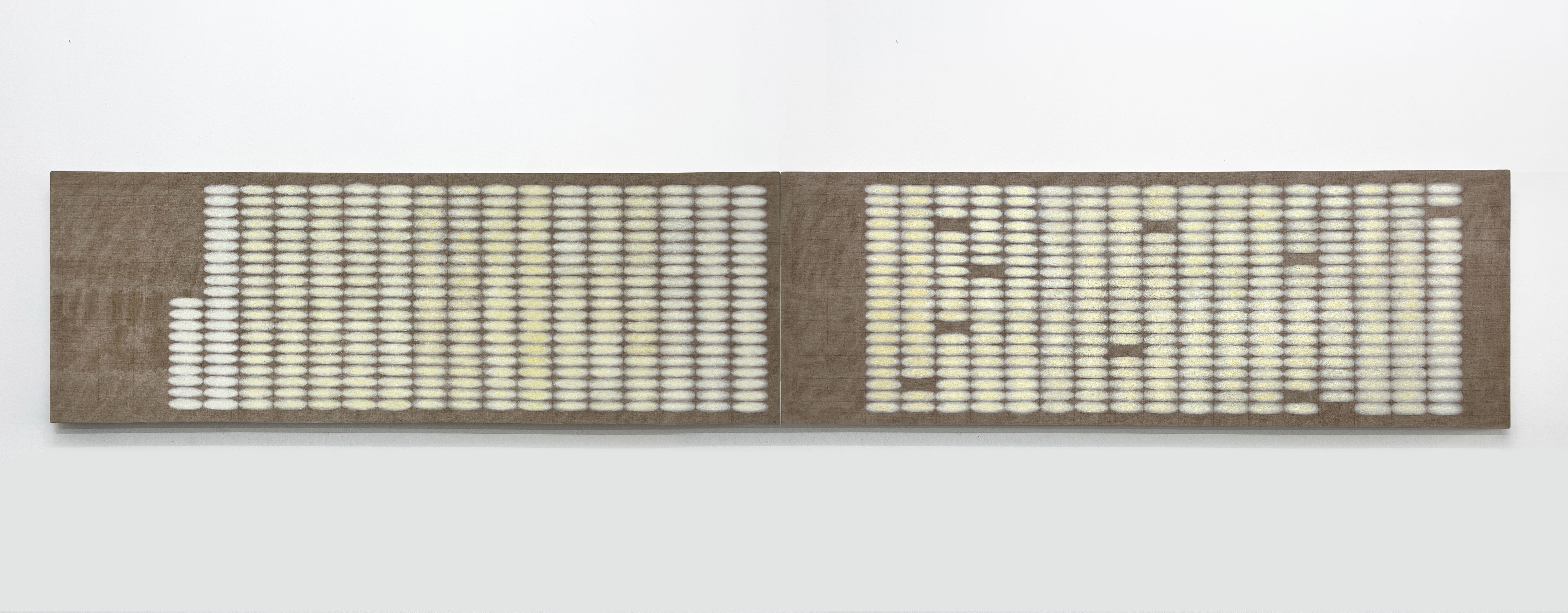 กนกวรรณ สุทธัง, 330 Eggs และ 10 Pellets, 2568. ผงข้าว และสีน้ำมันบนลินิน
55 x 158 ซม. ต่อชิ้น
อนุเคราะห์ภาพโดยศิลปิน และ วารินแล็บ คอนเท็มโพรารี